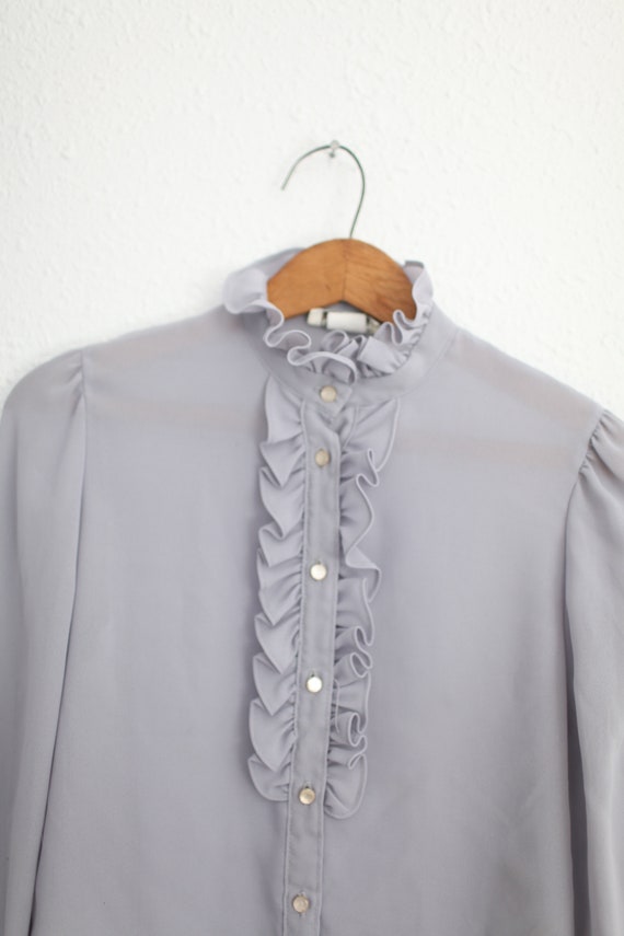 vintage gray ascot tuxedo ruffle shirt top #0379 - image 2