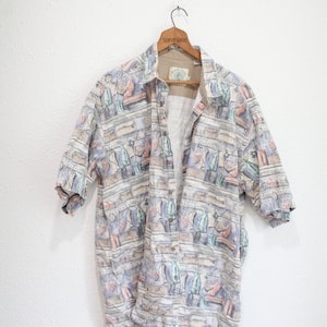 vintage 90s blue fishing oversized chambray button up shirt #01