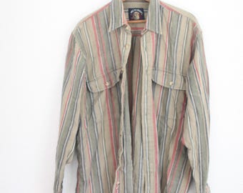 vintage 90s  green striped  flannel button up shirt #0587