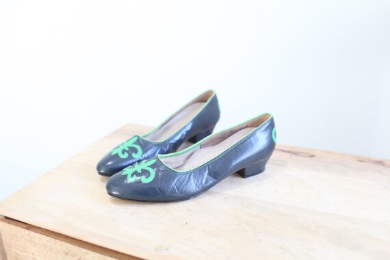 vintage 70s navy blue & green fleur leather slip … - image 2