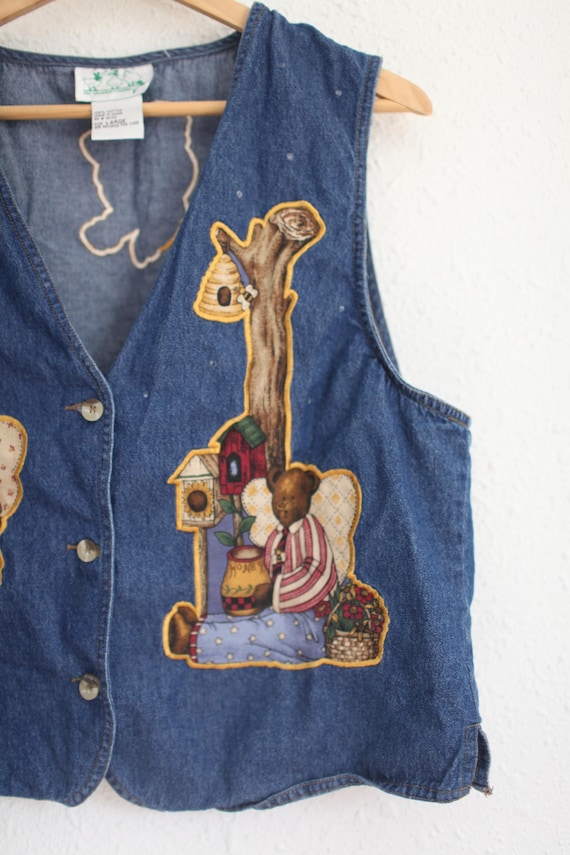 vintage 90s honey bear embroidered blue jean denim  vest L  #0340 View 2