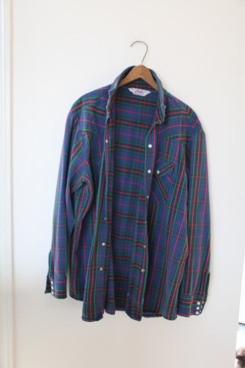 vintage 1970/'s western cut plaid gray blue flannel pearl snap button up shirt *407