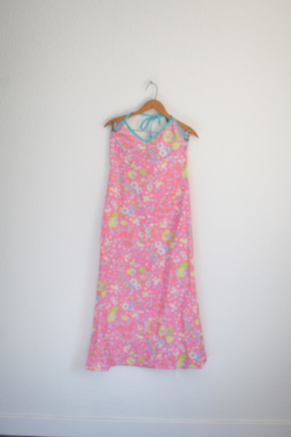 vintage 1970s pink & blue floral maxi  sun dress #