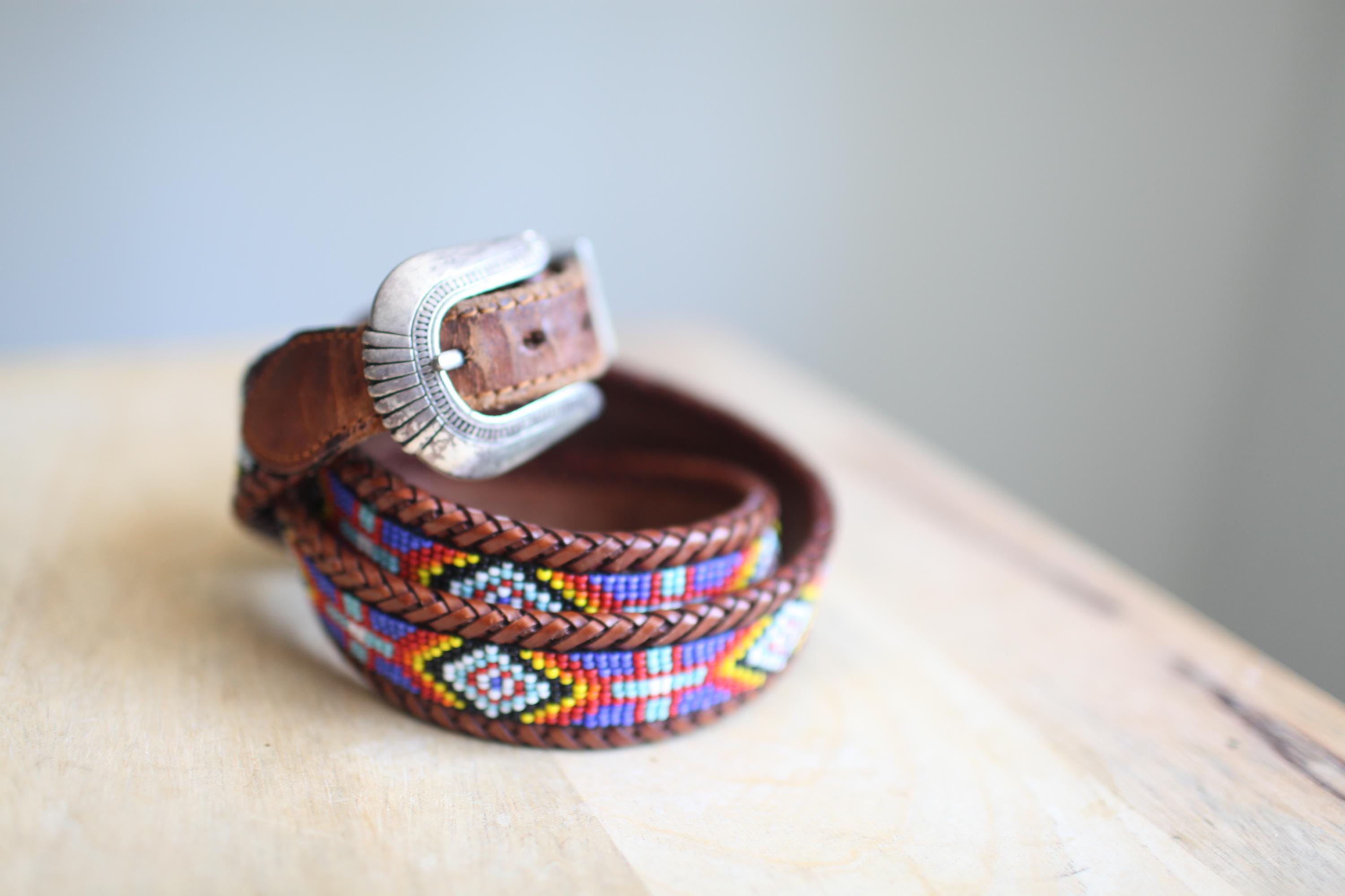 Vntg 70s Southwestern Bohemian Handmade Tan Leather & Beaded Womens Belt Handmade Beaded Full Grain Leather Belt: Western Rodeo Style  main image 2