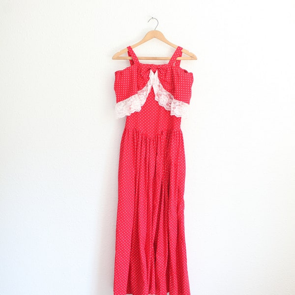 vintage 70s  red & white polka dot lace trim maxi dress #0687