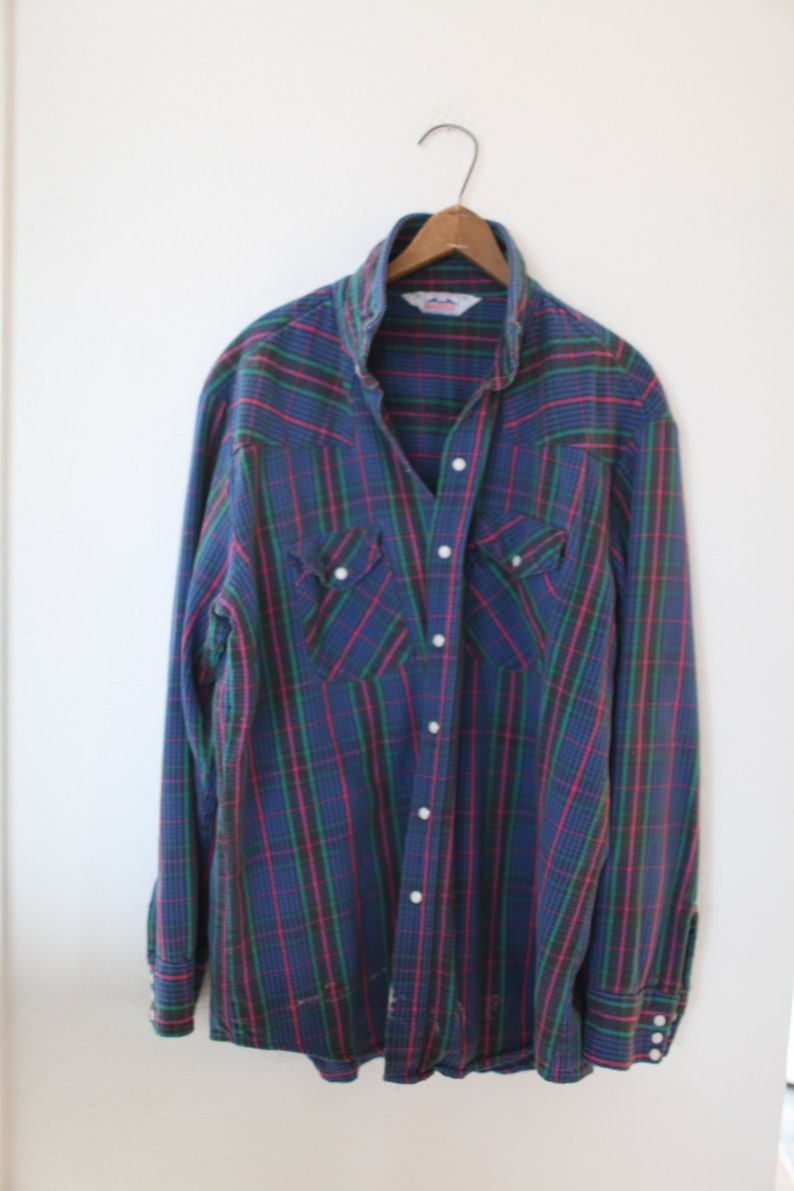 vintage 1970/'s western cut plaid gray blue flannel pearl snap button up shirt *407