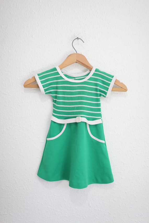 vintage 70s green & white stripe girls  dress 3/4 