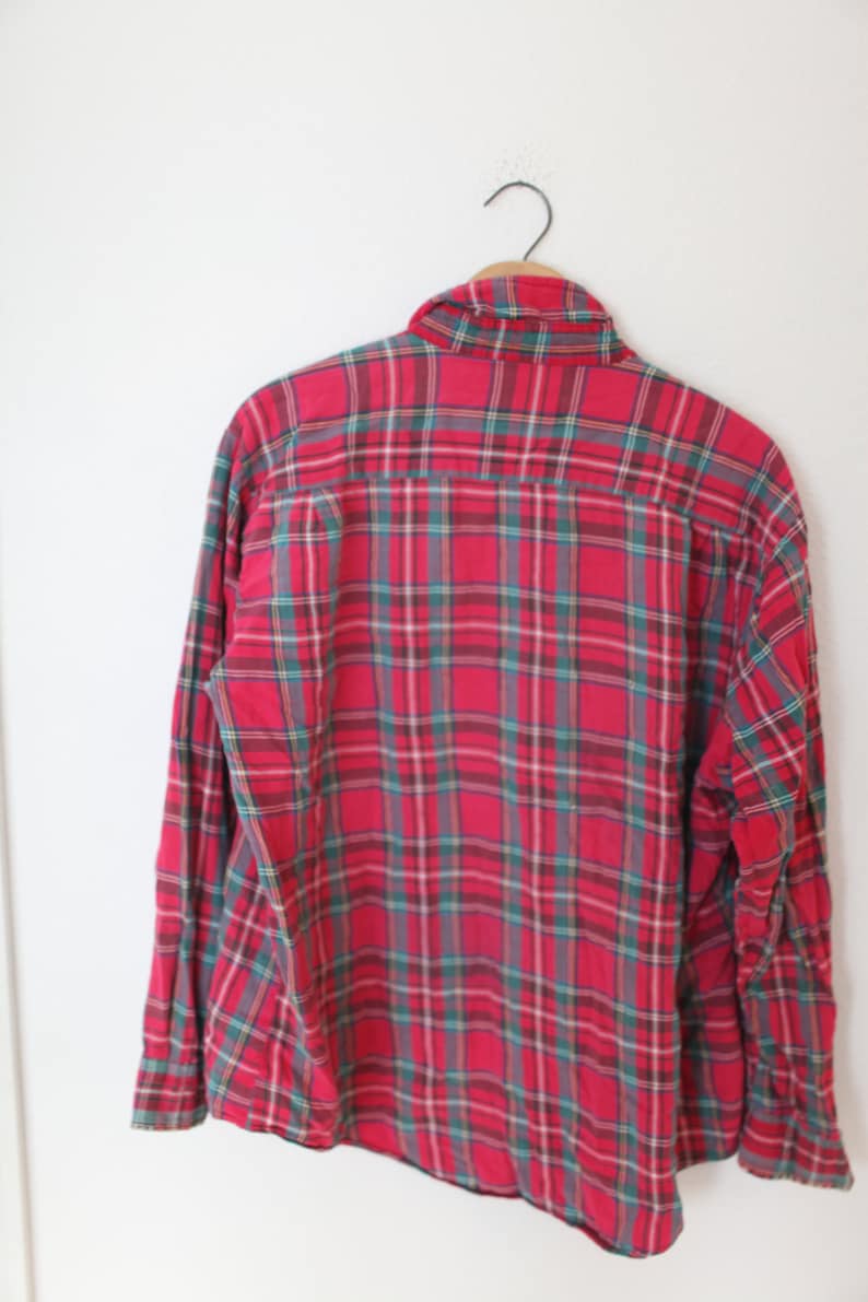 vintage tartain red plaid button up shirt distressed grunge *412