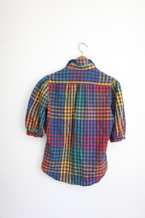 vintage 80s black and rainbow check button top #0… - image 5