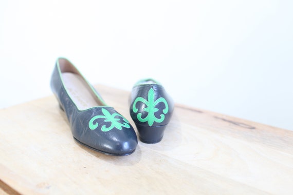 vintage 70s navy blue & green fleur leather slip … - image 1