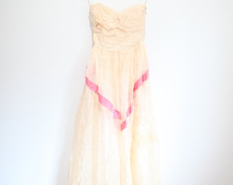 vintage 1940s cream & pink floral layered strapless corset prom dress #0486