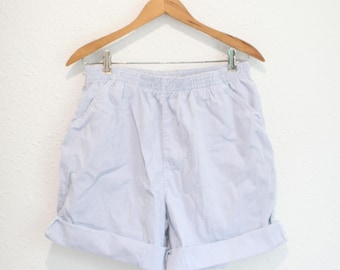 vintage 90s blue & white pin stripe  chambray cuffed paperbag shorts #0272