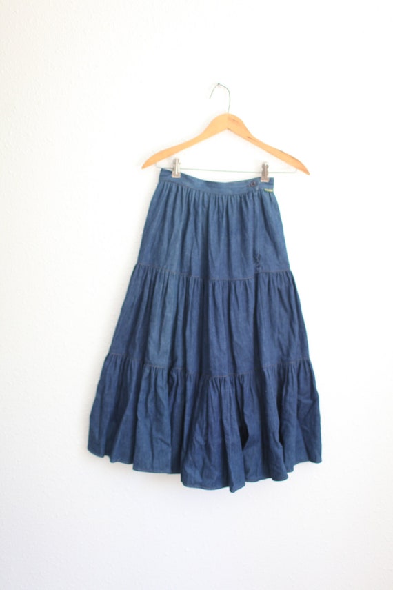 vintage 80s blue denim jean ruffled western skirt… - image 1