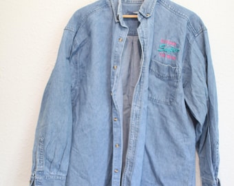 vintage 90s car wash denim chambray button up shirt L #0359