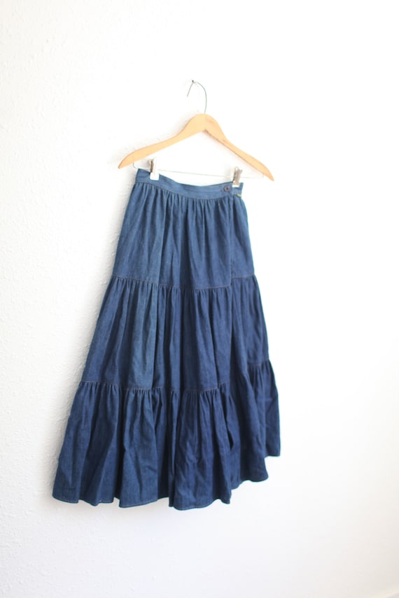 vintage 80s blue denim jean ruffled western skirt… - image 2