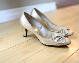 vintage glitter gold bow heels womens 7