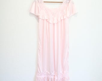 vintage 80s pink lace rhinestone night gown dress #0232
