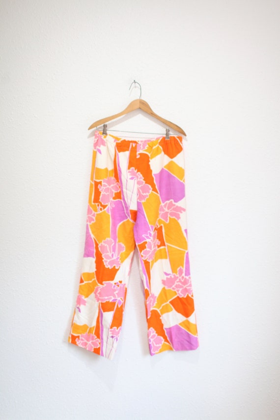 vintage 60s pink & orange retro print wide pants … - image 1