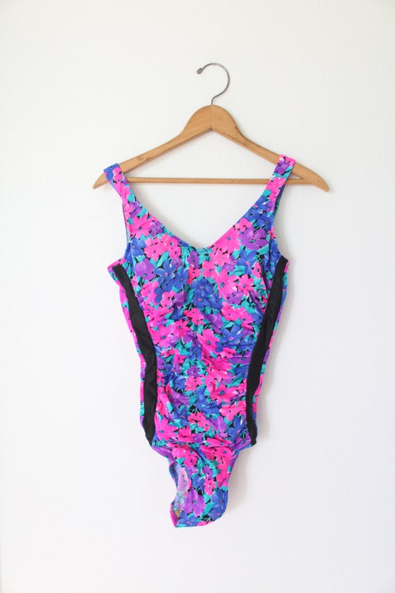 Vintage Pink Black Floral One Piece Swimsuit Womens 446 Etsy