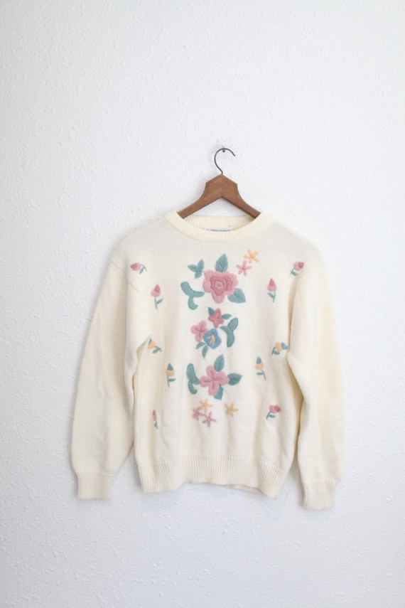 vintage 80s pastel floral cream embroidered knit sweater #091