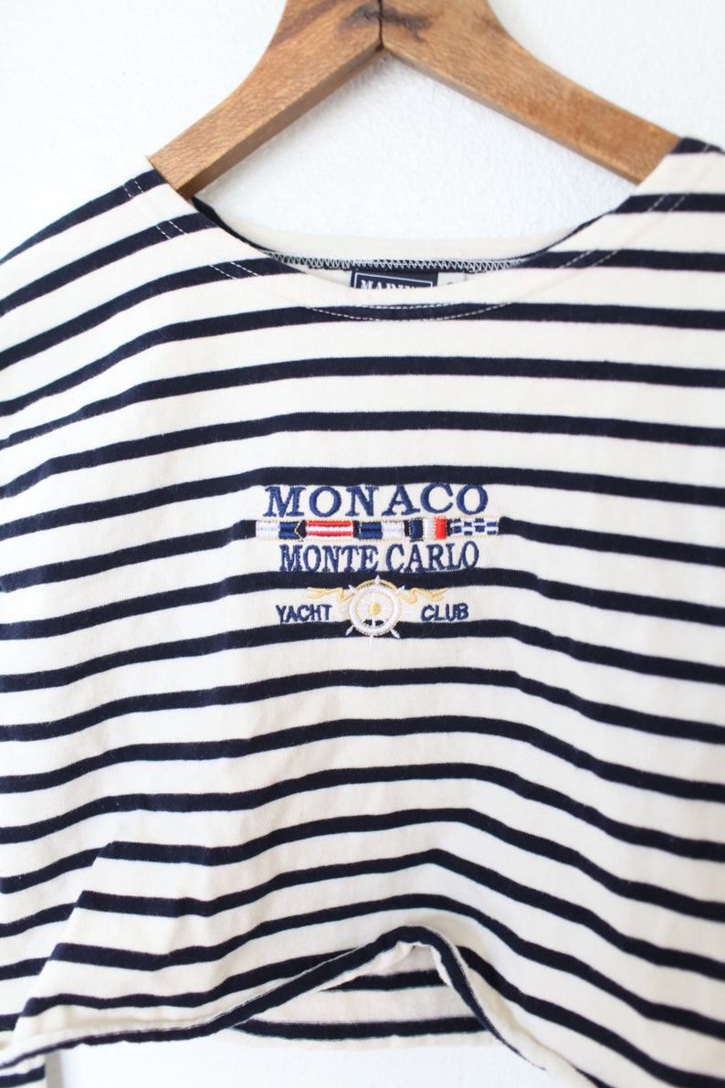 vintage navy blue /& white striped monaco cropped top nautical t shirt #0374