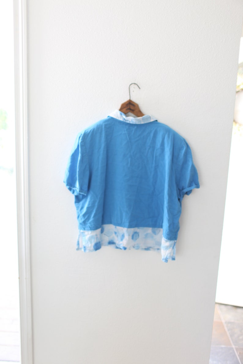 vintage 90s oversized blue button up crop top #0625