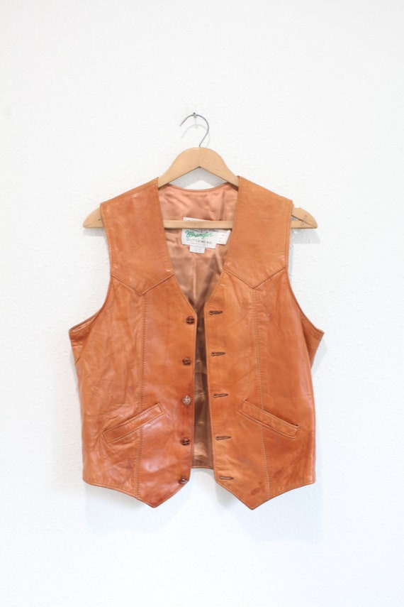 vintage 70s wrangler tan leather  vest  #0401 - image 1