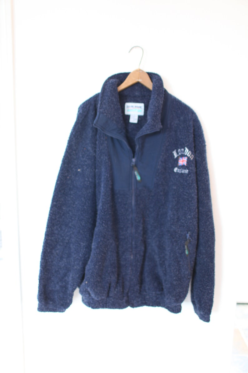 vintage navy blue puffy sherpa like fleece jacket coat LONDON england