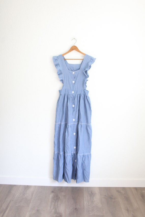 vintage 70s blue chambray ruffle prairie apron dre