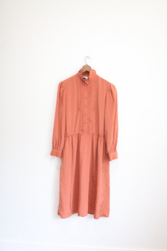 vintage 1970s tuxedo ruffle rust orange dress #042