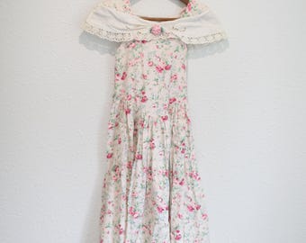 vintage 90s pink rose chambray white lace girls sun dress 10 #0353