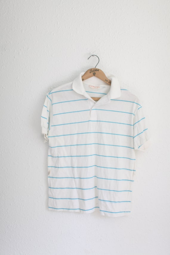 vintage 80's blue & white  stripe polo shirt #0596 - image 1