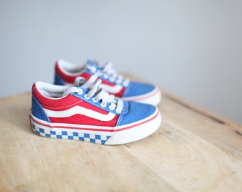 vintage VANS classic rted white blue check canvas leather sneakers kids 11