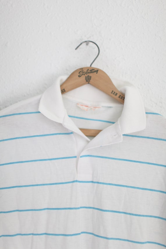 vintage 80's blue & white  stripe polo shirt #0596 - image 2