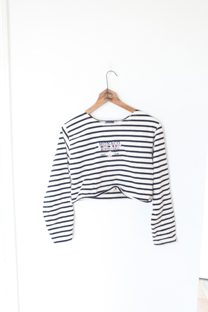 vintage navy blue /& white striped monaco cropped top nautical t shirt #0374