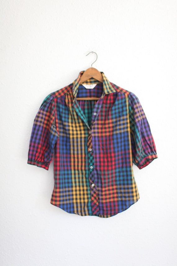 vintage 80s black and rainbow check button top #0… - image 1