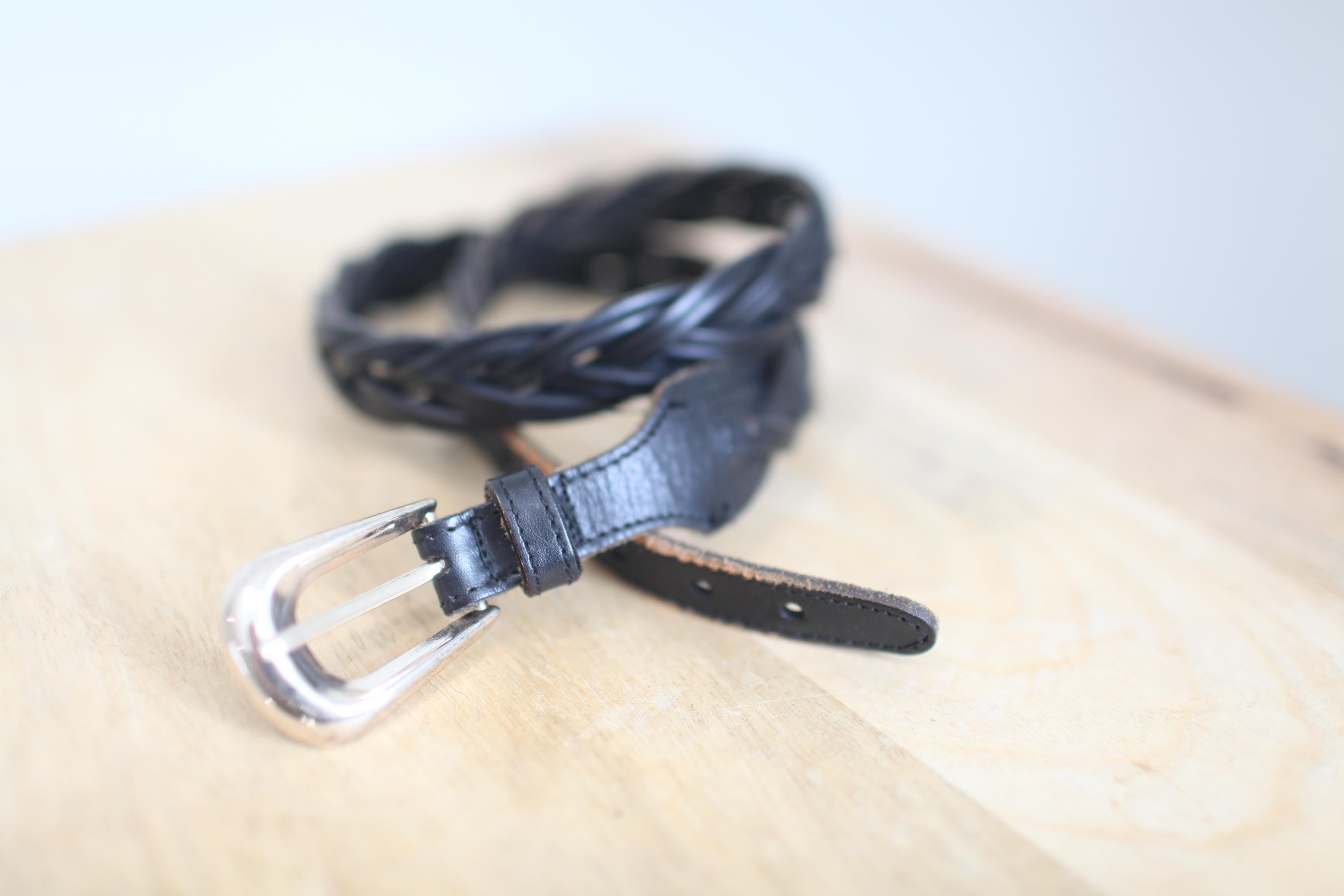 Vintage 90s Woven Braided Black Leather Belt Gold Buckle 28 