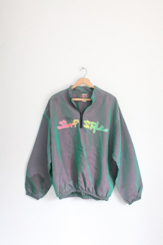 vintage 80s  surf style green pink anorak pullover