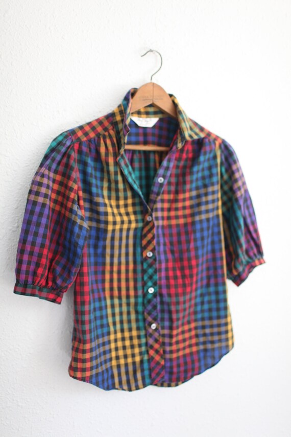 vintage 80s black and rainbow check button top #0… - image 2