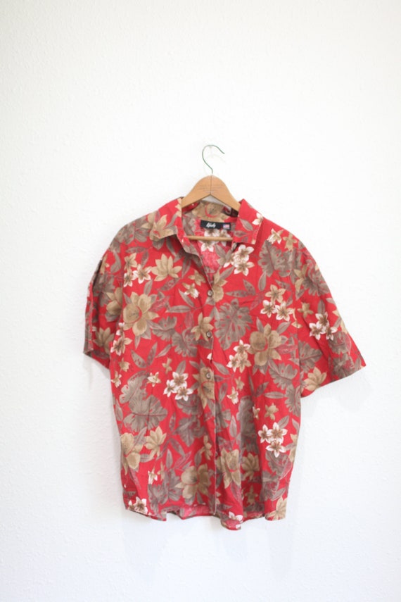 vintage  80s red Hawaiian floral boxy oversized b… - image 1