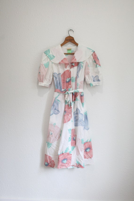 vintage 80s white pastel floral puff sleeve dress 