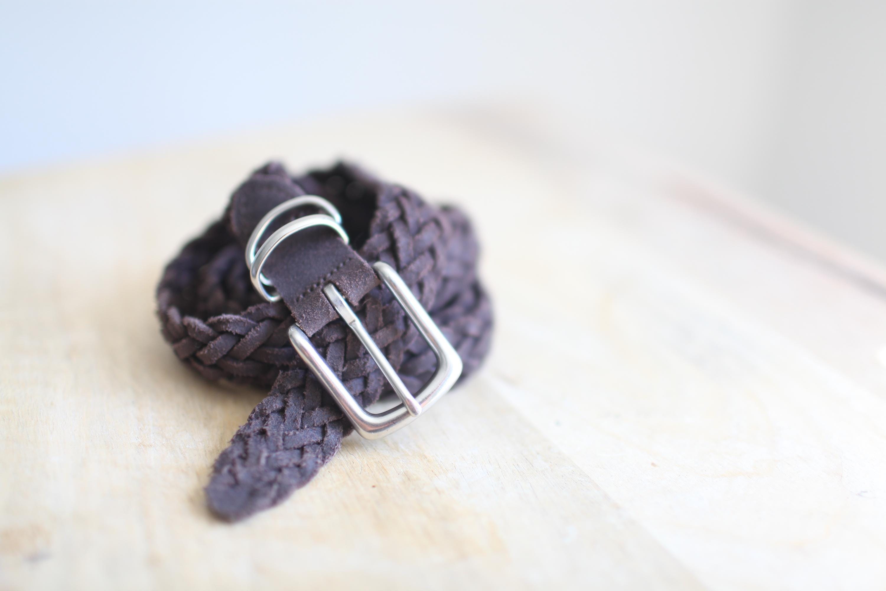 Vintage 90s Woven Braided Brown Leather Belt Silver Buckle 