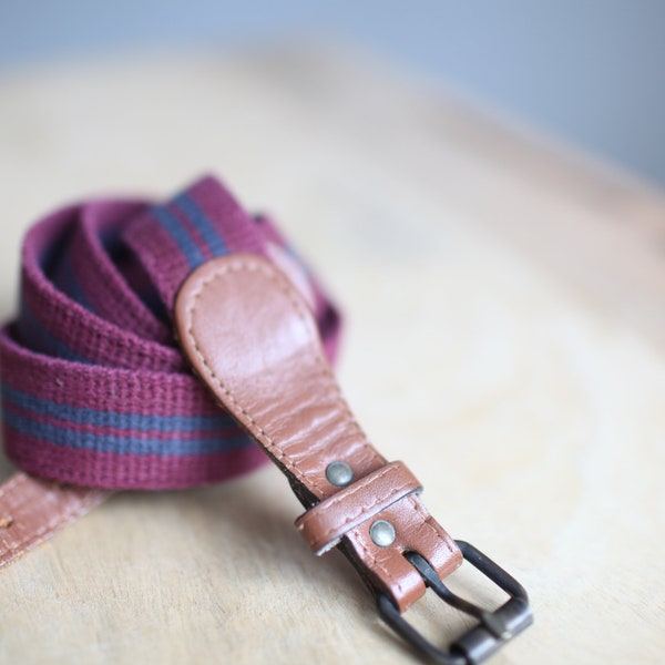 vintage 80s maroon blue stripe preppy canvas  leather belt 36 38