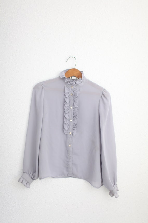 vintage gray ascot tuxedo ruffle shirt top #0379 - image 1