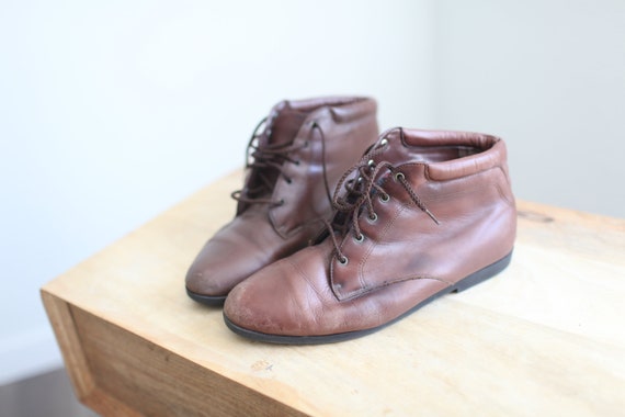 vintage 80s brown leather oxfords ankle boots lac… - image 1