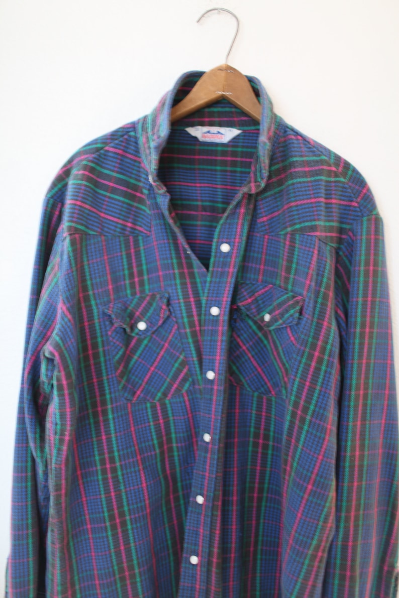 vintage 1970/'s western cut plaid gray blue flannel pearl snap button up shirt *407