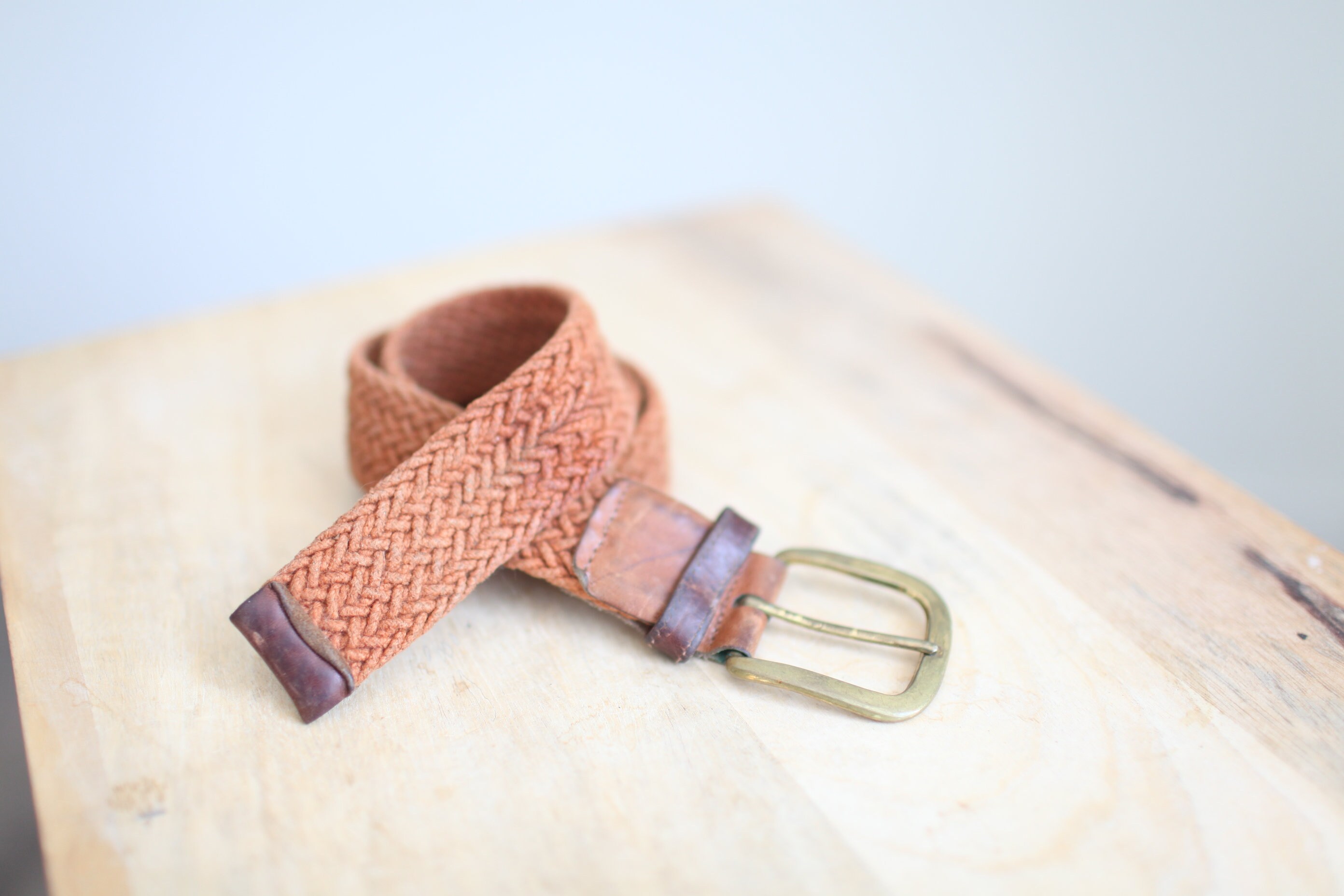 Vintage 90s Tan Woven Braided Leather Belt Brass Buckle - Etsy display picture 3