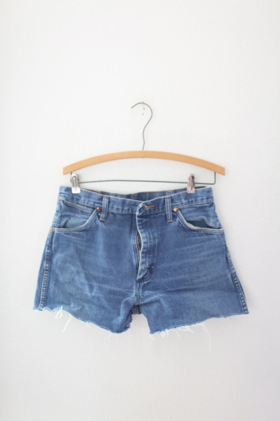 Vintage Denim Shorts 80s Reworked Raw High Waist Jeans 1980s One-off Hand Graphic Patch Stretchy Cropped Cut-offs Grunge Shorts