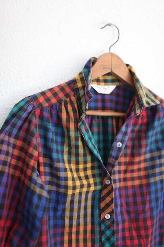 vintage 80s black and rainbow check button top #0… - image 3