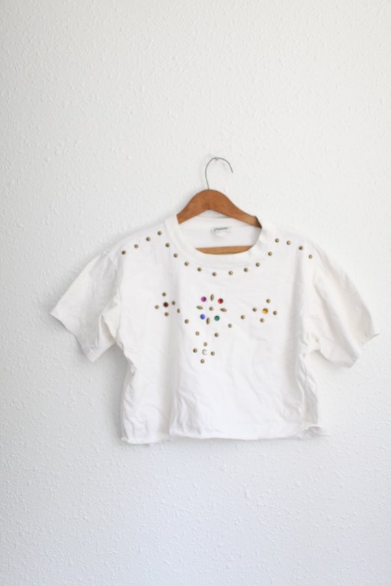 Dance Cropped T Shirt Rhinestone White